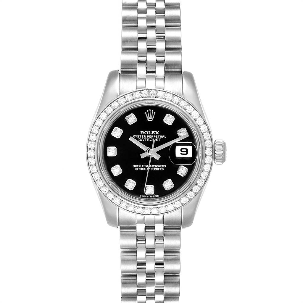 The image shows a Rolex Datejust 179384 Women
s Stainless Steel Black Dial 179384 Women
s Stainless Steel Black Dial watch, viewed from the front, displaying the face, bezel, crown, hands, and bracelet.