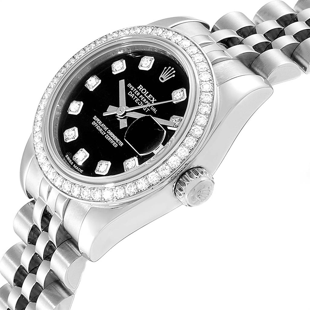 The image shows a close-up angle of a Rolex Datejust 179384 Women
s Stainless Steel Black Dial 179384 Women
s Stainless Steel Black Dial watch, highlighting the dial, bezel, crown, and bracelet.