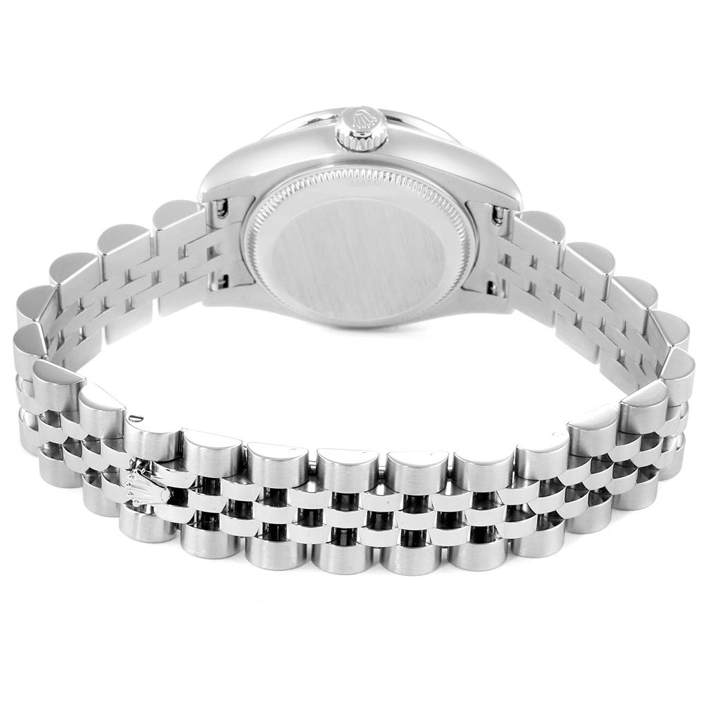 This image shows the back case and Jubilee bracelet of a Rolex Datejust 179384 Women
s Stainless Steel Black Dial 179384 Women
s Stainless Steel Black Dial watch.