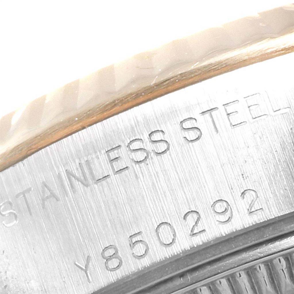 This is a close-up angle of the side casing showing the model number and text "Stainless Steel" on a Rolex Datejust 79173 Women
s Stainless Steel Blue Dial 79173 Women
s Stainless Steel Blue Dial watch.