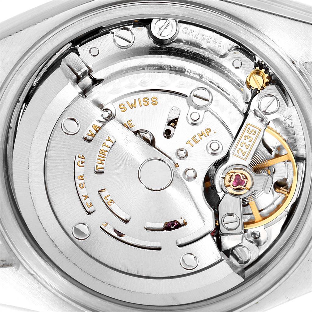 This is a close-up of the internal mechanism of the Rolex Datejust 79173 Women
s Stainless Steel Blue Dial 79173 Women
s Stainless Steel Blue Dial watch, showcasing its automatic movement components.