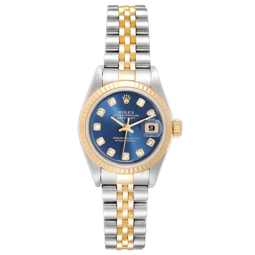 This image shows a front view of a Rolex Datejust 79173 Women
s Stainless Steel Blue Dial 79173 Women
s Stainless Steel Blue Dial watch featuring a blue dial with diamond hour markers and a two-tone bracelet.