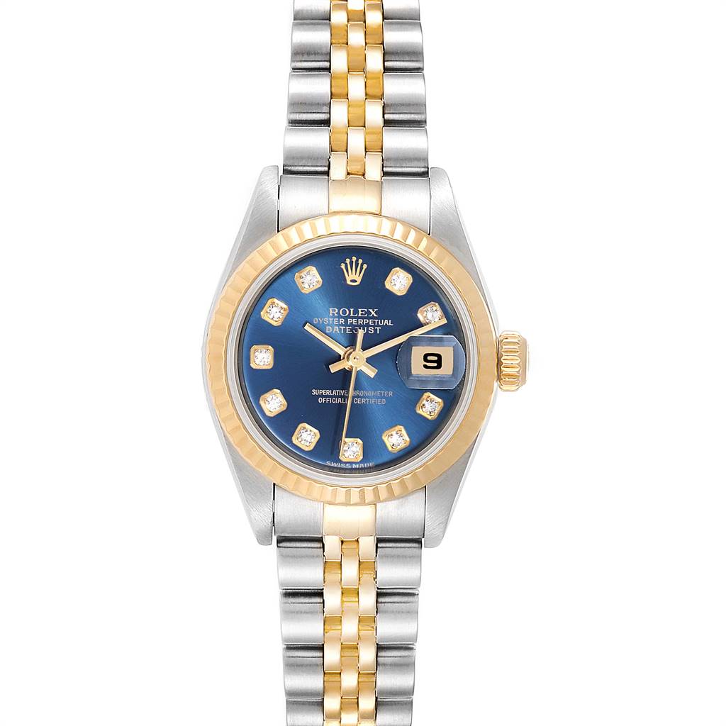 This Rolex Datejust 79173 Women
s Stainless Steel Blue Dial 79173 Women
s Stainless Steel Blue Dial watch is shown from a front perspective, displaying the bezel, dial, hands, bracelet, and date window.