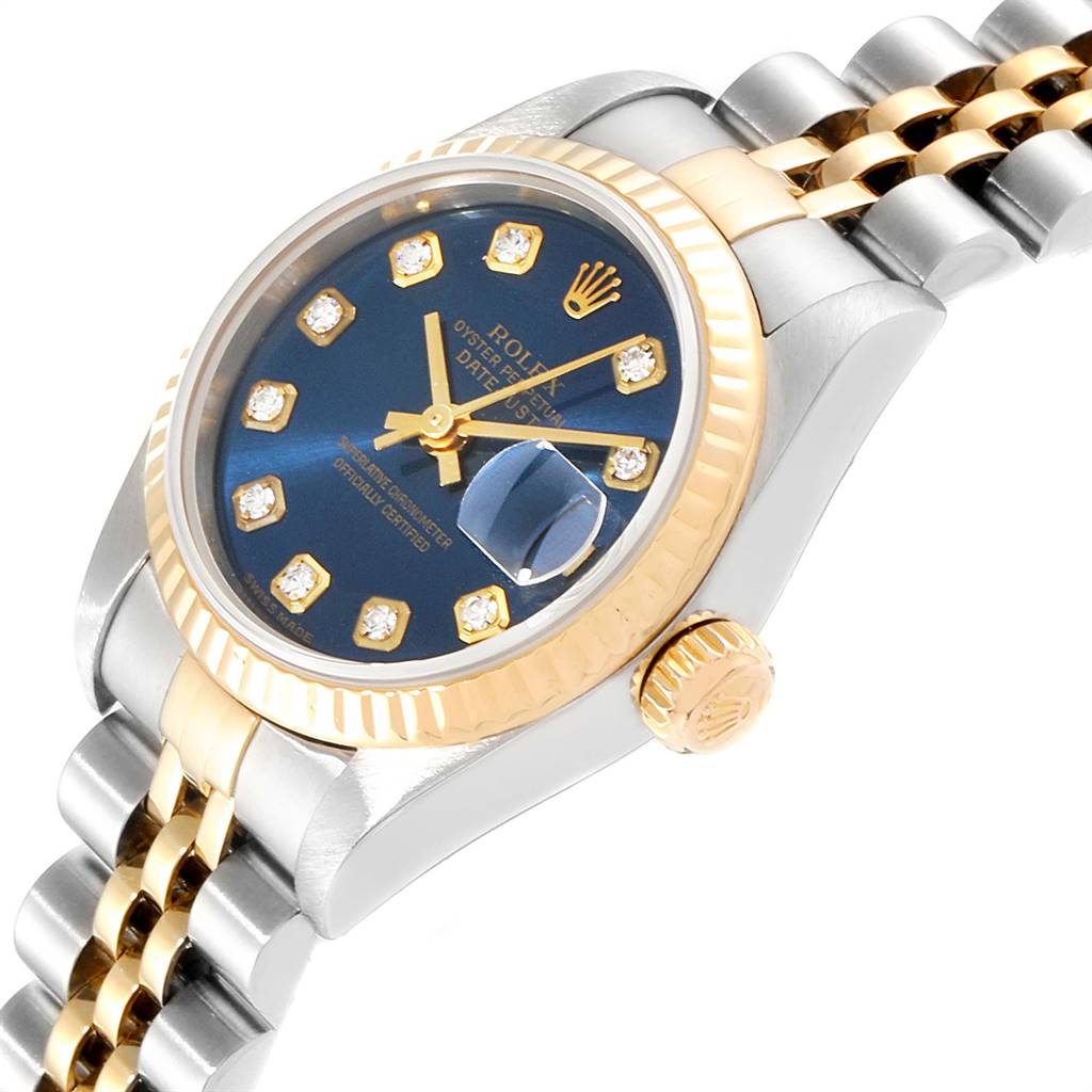 This image shows a close-up, angled view of a Rolex Datejust 79173 Women
s Stainless Steel Blue Dial 79173 Women
s Stainless Steel Blue Dial watch, highlighting its dial, bezel, crown, and bracelet.