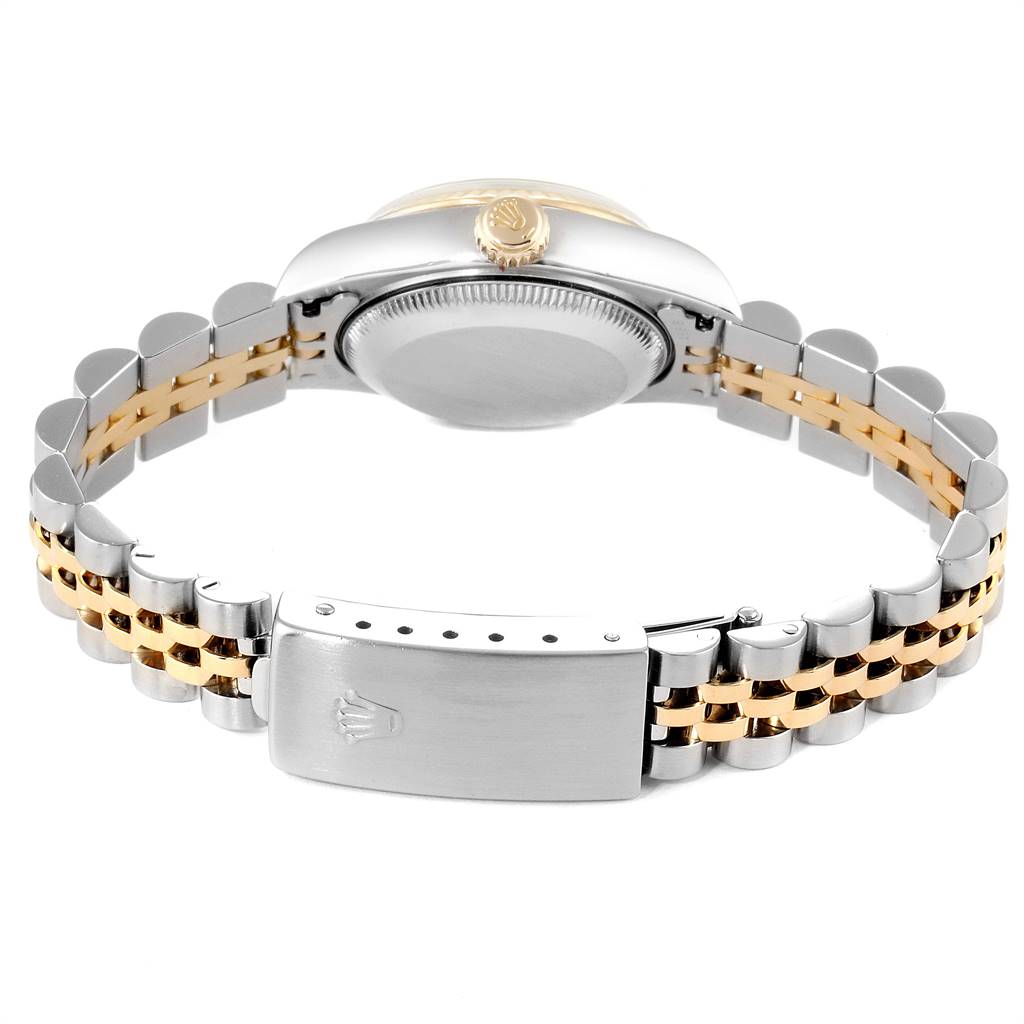 This image shows the back view of a Rolex Datejust 79173 Women
s Stainless Steel Blue Dial 79173 Women
s Stainless Steel Blue Dial watch, focusing on the case back, crown, and two-tone bracelet.