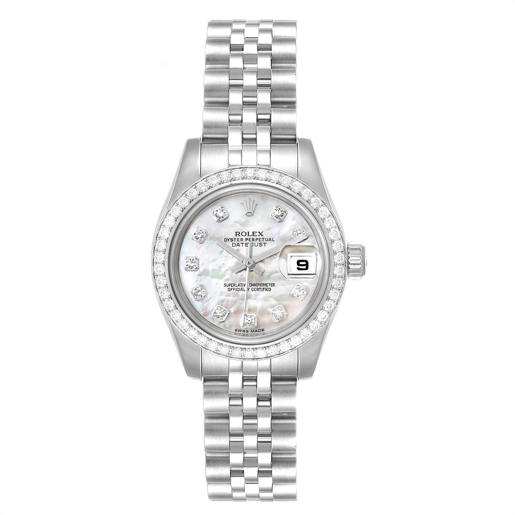 This image shows a frontal view of a Rolex Datejust 179384 Women
s Stainless Steel Mother of Pearl Dial 179384 Women
s Stainless Steel Mother of Pearl Dial watch, featuring its bezel, dial, bracelet, and date window.