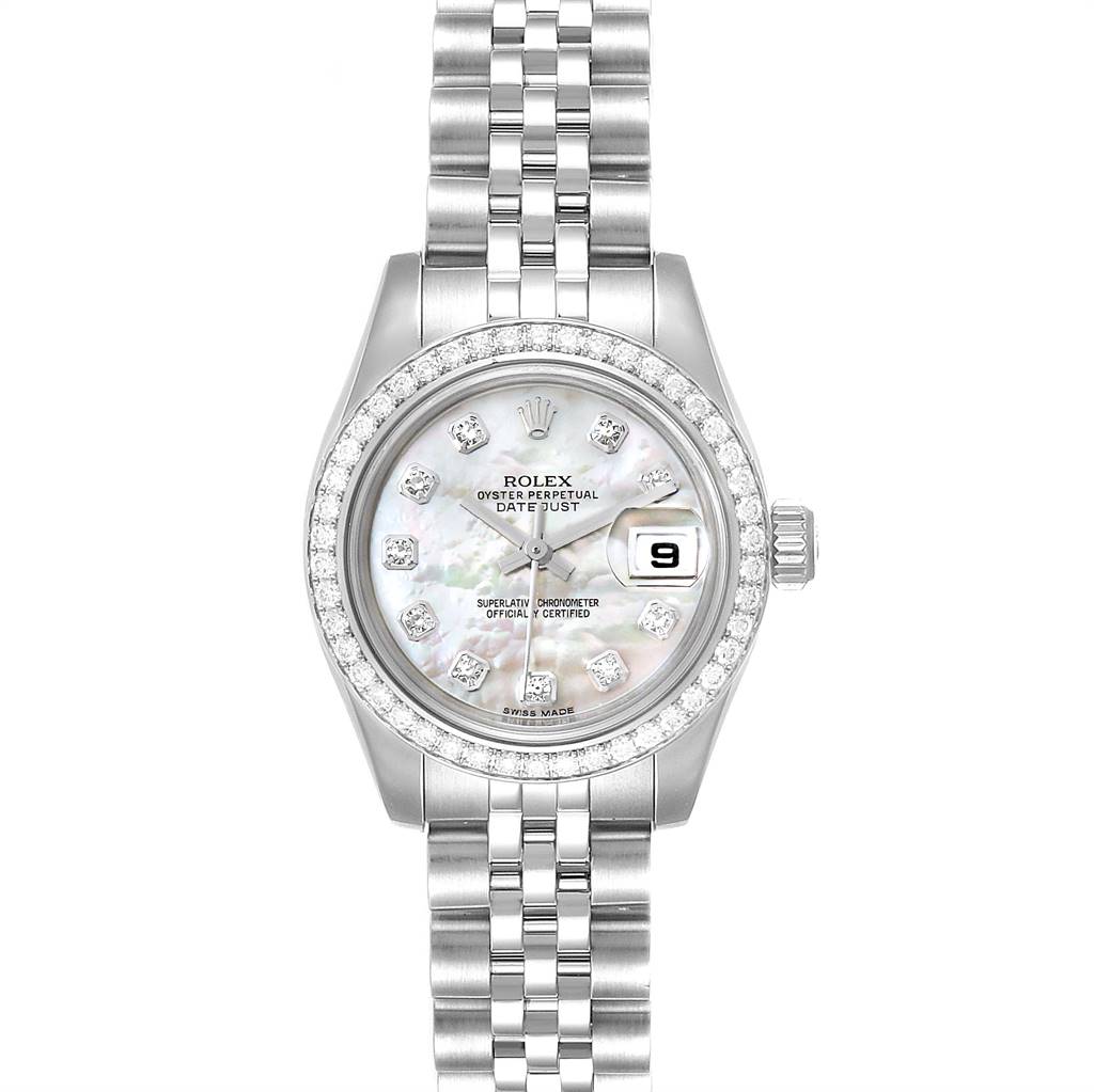The photo shows a Rolex Datejust 179384 Women
s Stainless Steel Mother of Pearl Dial 179384 Women
s Stainless Steel Mother of Pearl Dial watch from a top-down angle, displaying the dial, bezel, bracelet, and crown.