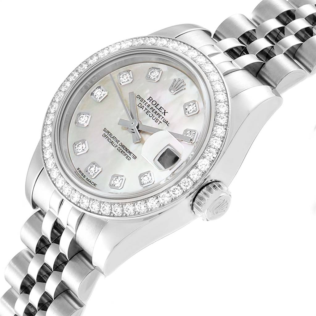 The image shows a Rolex Datejust 179384 Women
s Stainless Steel Mother of Pearl Dial 179384 Women
s Stainless Steel Mother of Pearl Dial watch
s face and partial bracelet from an angled top-down view.