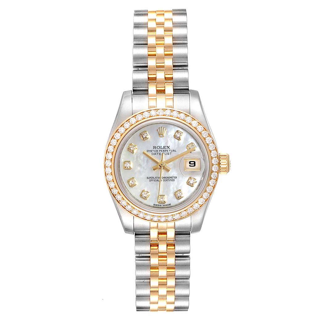 The image shows a front view of a Rolex Datejust 179383 Women
s Steel and Gold (two tone) Mother of Pearl Dial 179383 Women
s Steel and Gold (two tone) Mother of Pearl Dial watch with a two-tone bracelet and diamond bezel.