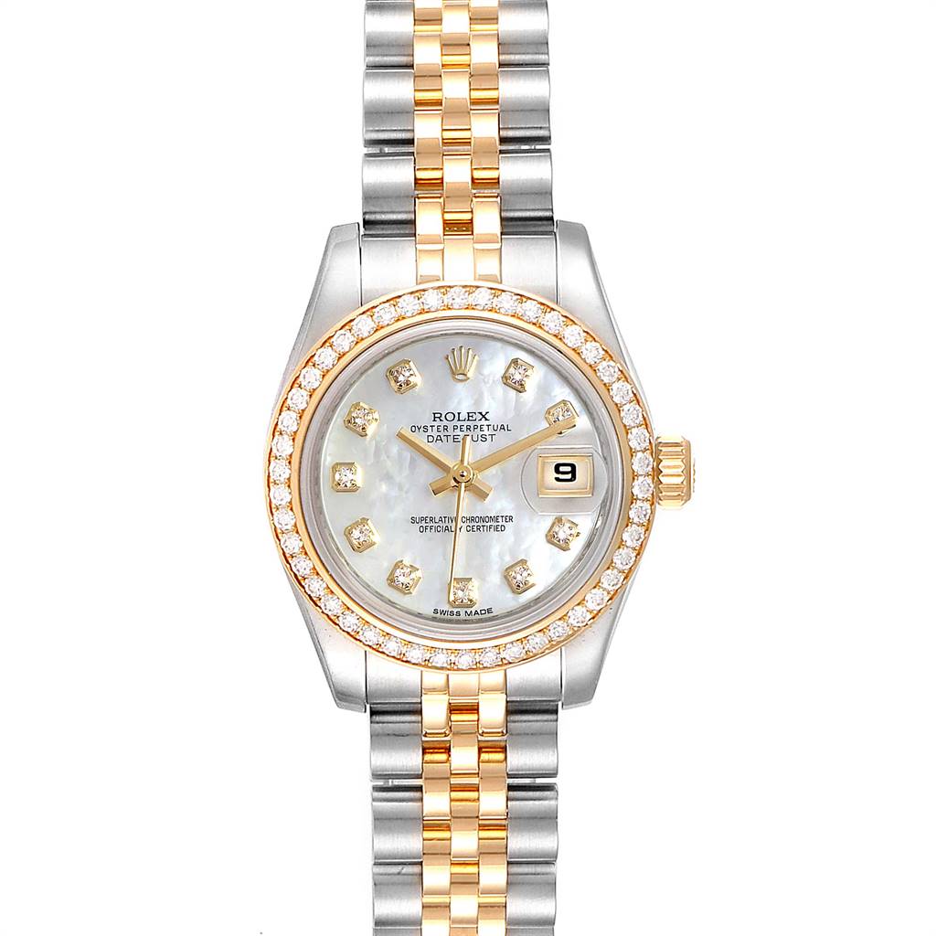 The Rolex Datejust 179383 Women
s Steel and Gold (two tone) Mother of Pearl Dial 179383 Women
s Steel and Gold (two tone) Mother of Pearl Dial watch is shown from a straight-on angle, displaying the dial, bezel, crown, and bracelet.