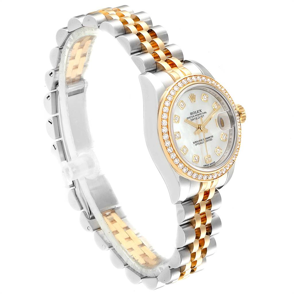 The image shows a Rolex Datejust 179383 Women
s Steel and Gold (two tone) Mother of Pearl Dial 179383 Women
s Steel and Gold (two tone) Mother of Pearl Dial watch from an angled side view, highlighting the face, bezel, and two-tone metal bracelet.