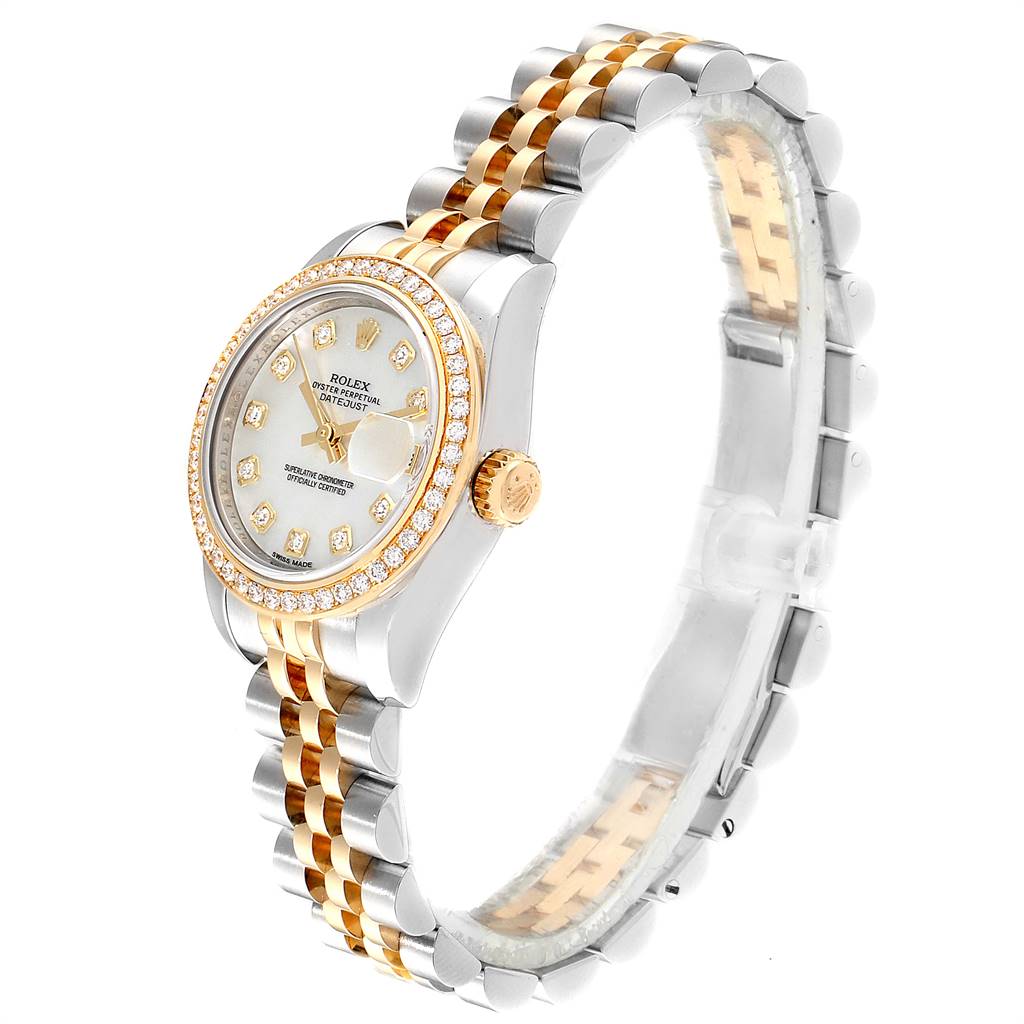 The Rolex Datejust 179383 Women
s Steel and Gold (two tone) Mother of Pearl Dial 179383 Women
s Steel and Gold (two tone) Mother of Pearl Dial model watch is shown at an oblique angle, highlighting the face, bezel, crown, and two-tone metal bracelet.