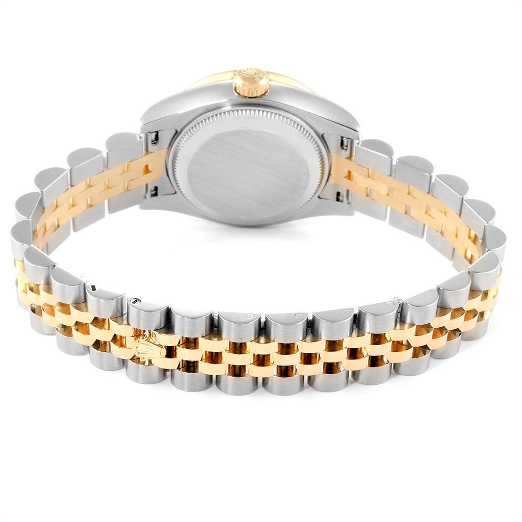 This image shows the back view of a Rolex Datejust 179383 Women
s Steel and Gold (two tone) Mother of Pearl Dial 179383 Women
s Steel and Gold (two tone) Mother of Pearl Dial watch, featuring its two-tone bracelet and case back.