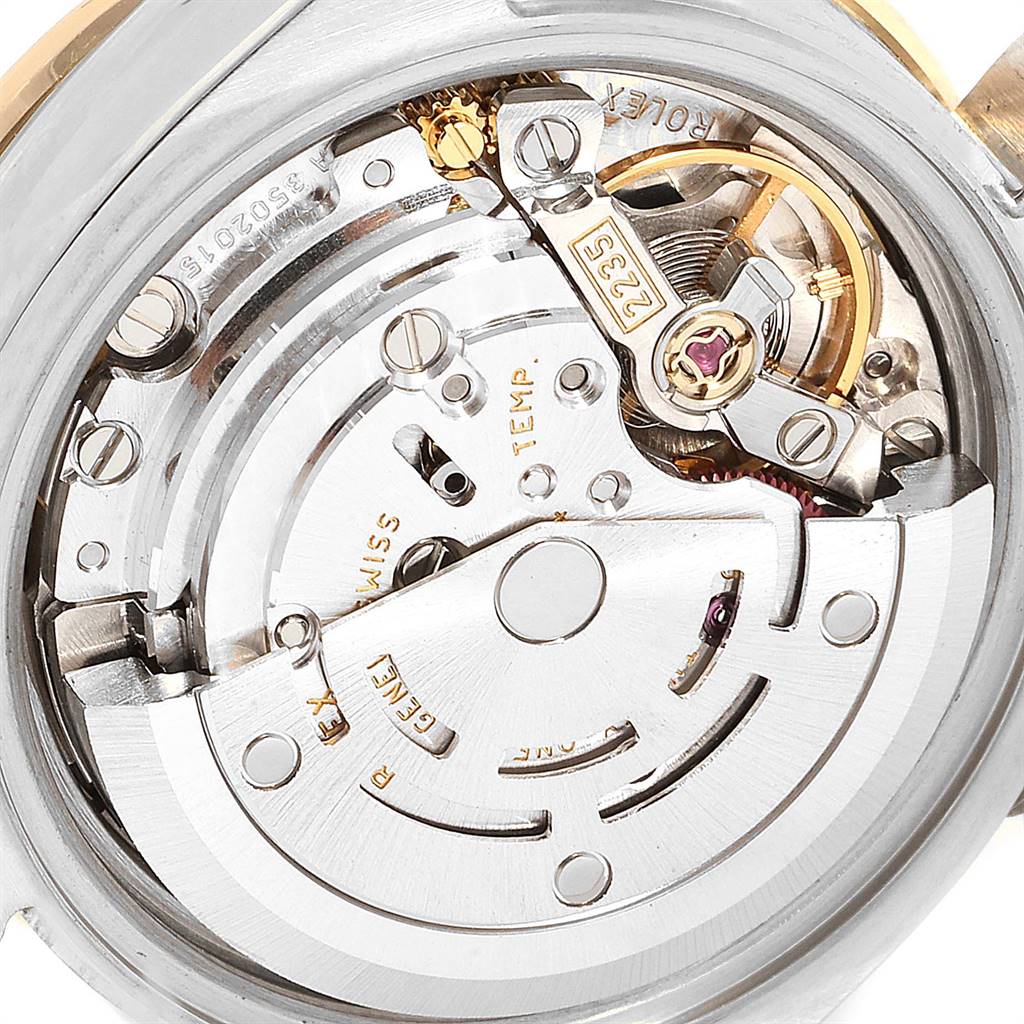 This image shows the back view of the Rolex Datejust 179383 Women
s Steel and Gold (two tone) Mother of Pearl Dial 179383 Women
s Steel and Gold (two tone) Mother of Pearl Dial watch, specifically focusing on its intricate automatic movement mechanism.