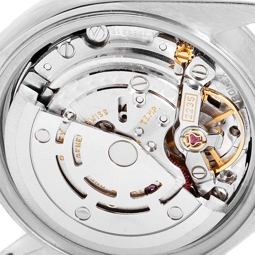 The image shows the movement mechanism of a Rolex Datejust 79174 Women
s Stainless Steel Black Dial 79174 Women
s Stainless Steel Black Dial watch from an angled close-up view.