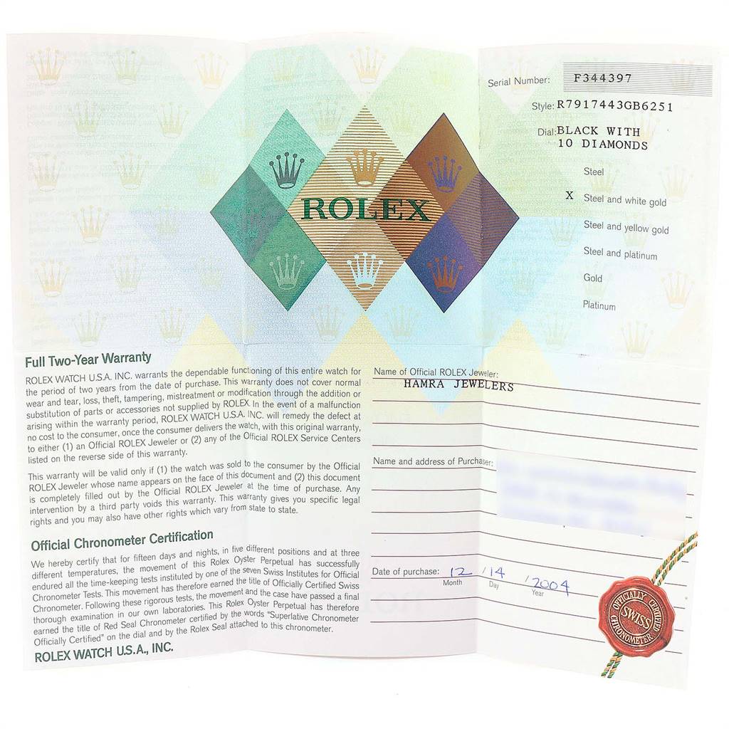 This image shows the warranty and chronometer certification paperwork for a Rolex Datejust 79174 Women
s Stainless Steel Black Dial 79174 Women
s Stainless Steel Black Dial watch.