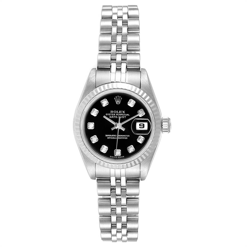The Rolex Datejust 79174 Women
s Stainless Steel Black Dial 79174 Women
s Stainless Steel Black Dial watch is shown from a top-down angle, displaying the dial, casing, and bracelet.