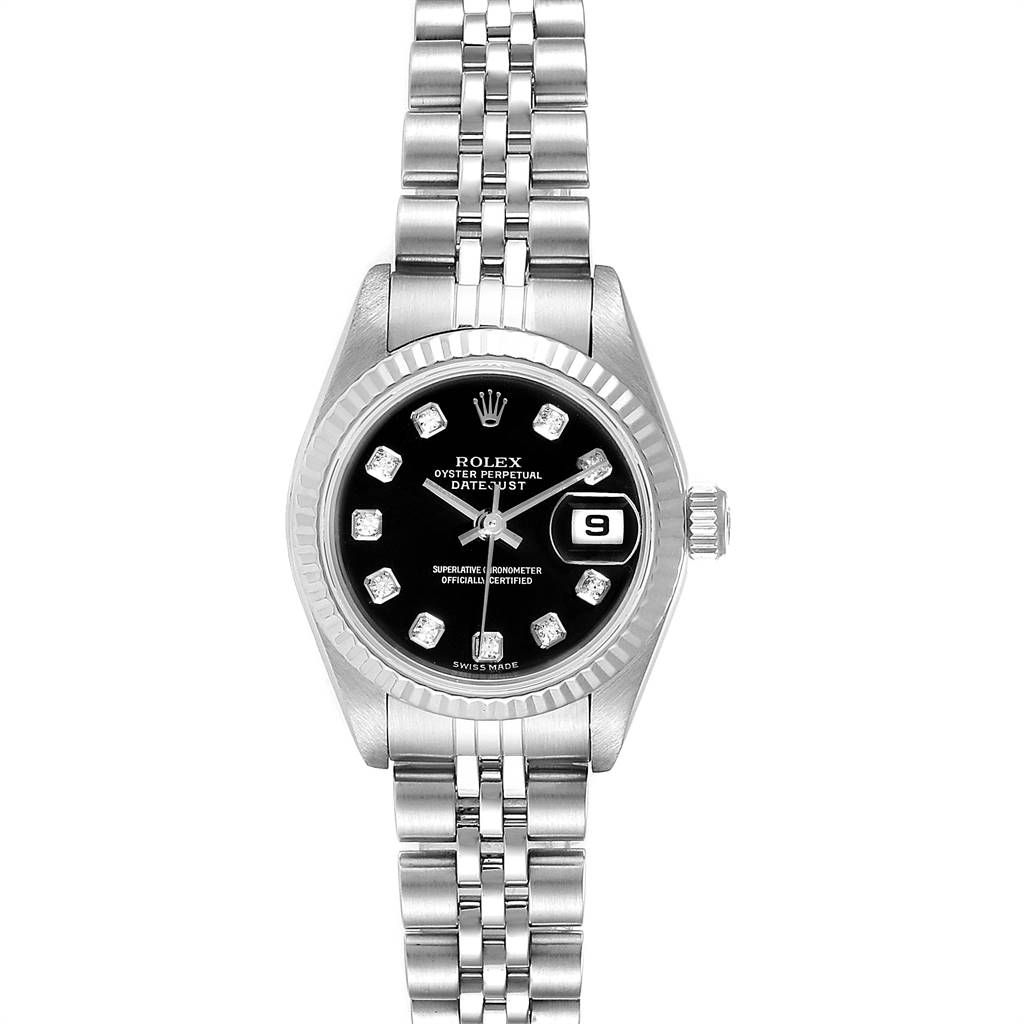 This is a front view of a Rolex Datejust 79174 Women
s Stainless Steel Black Dial 79174 Women
s Stainless Steel Black Dial watch, showcasing the dial, bezel, bracelet, and date window.