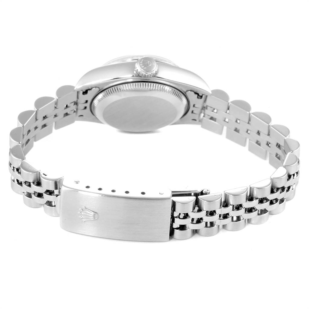 This image shows the back view of a Rolex Datejust 79174 Women
s Stainless Steel Black Dial 79174 Women
s Stainless Steel Black Dial watch, focusing on the case back and jubilee bracelet with clasp.