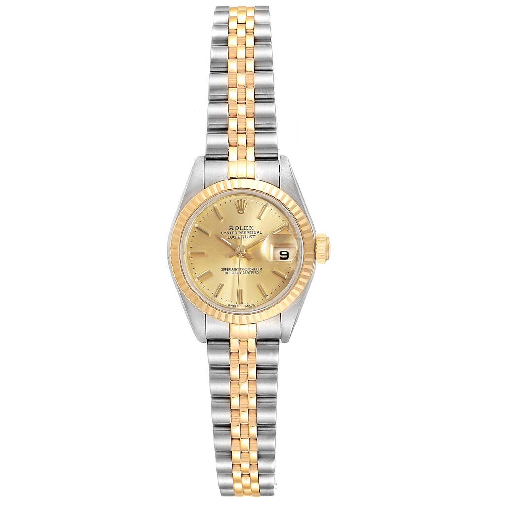 This image shows a Rolex Datejust 79173 Women's Steel and Gold (two tone) Champagne Dial 79173 Women's Steel and Gold (two tone) Champagne Dial watch from a top-down angle, highlighting the dial, fluted bezel, and jubilee bracelet.