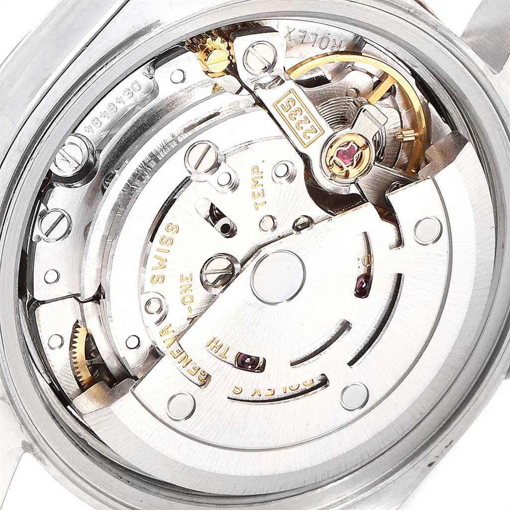 The image shows a close-up of the movement mechanism inside a Rolex Datejust 79173 Women's Steel and Gold (two tone) Champagne Dial 79173 Women's Steel and Gold (two tone) Champagne Dial watch.