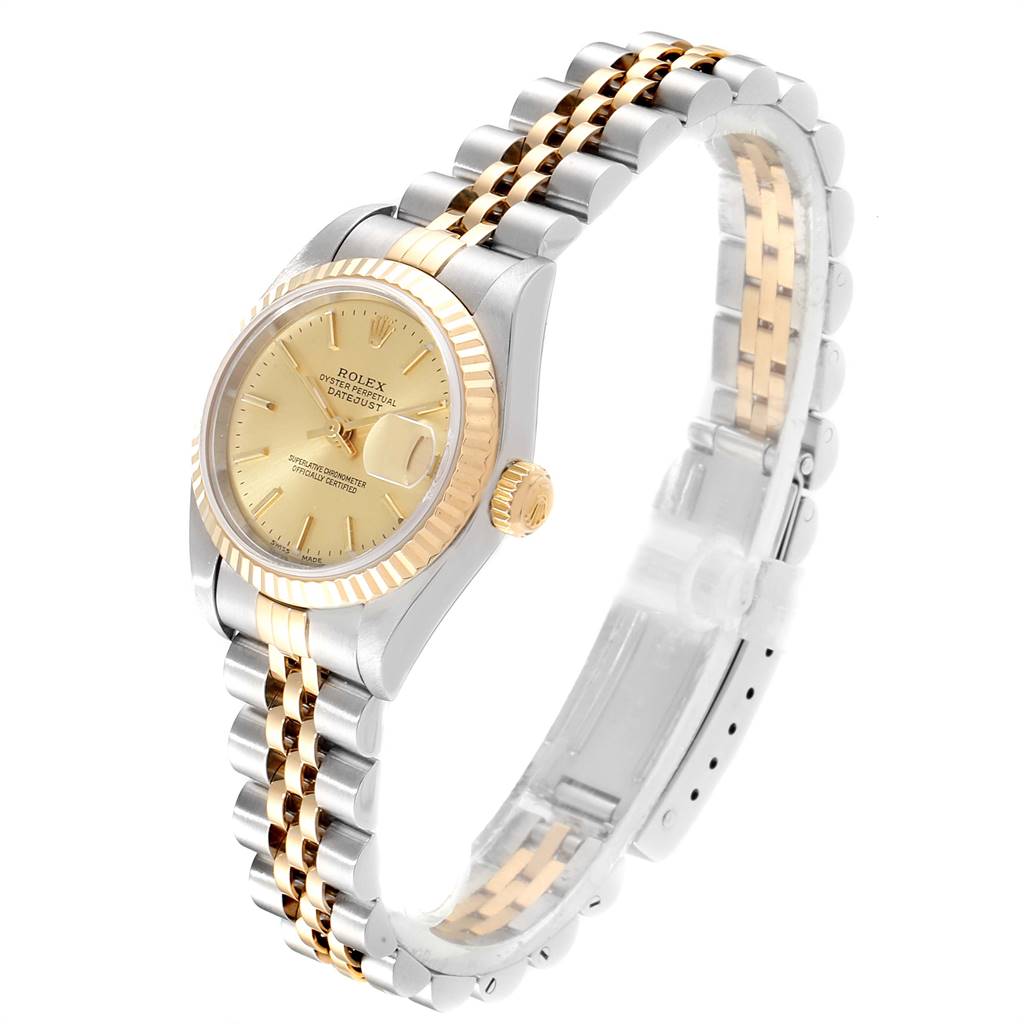 The Rolex Datejust 79173 Women's Steel and Gold (two tone) Champagne Dial 79173 Women's Steel and Gold (two tone) Champagne Dial watch is shown from a front angle displaying its face, bezel, crown, and two-tone jubilee bracelet.
