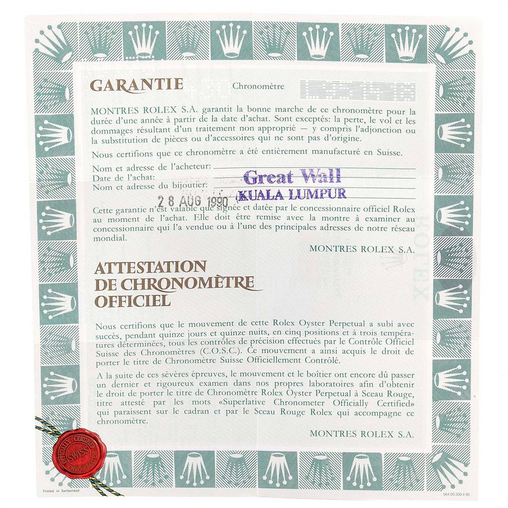 This image shows a warranty certificate for the Rolex Datejust 69173 Women's Stainless Steel Champagne Dial 69173 Women's Stainless Steel Champagne Dial, including a date of purchase and official chronometer certification.