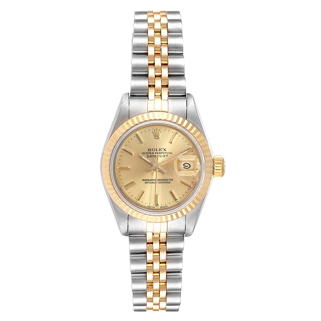This Rolex Datejust 69173 Women's Stainless Steel Champagne Dial 69173 Women's Stainless Steel Champagne Dial watch is shown from a front angle, displaying its gold face, bezel, and two-tone bracelet.