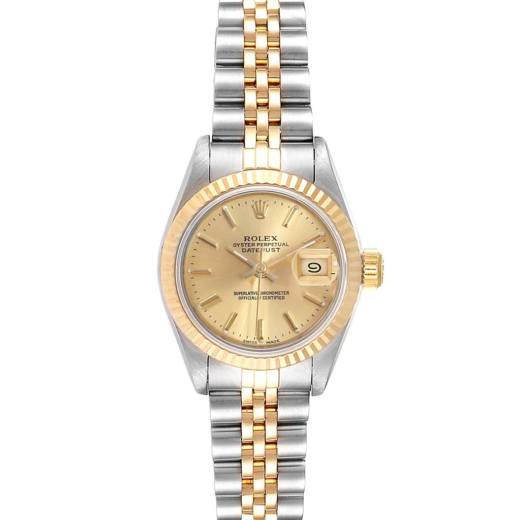 The image shows a front view of a Rolex Datejust 69173 Women's Stainless Steel Champagne Dial 69173 Women's Stainless Steel Champagne Dial watch, highlighting the dial, bezel, crown, and two-tone bracelet.