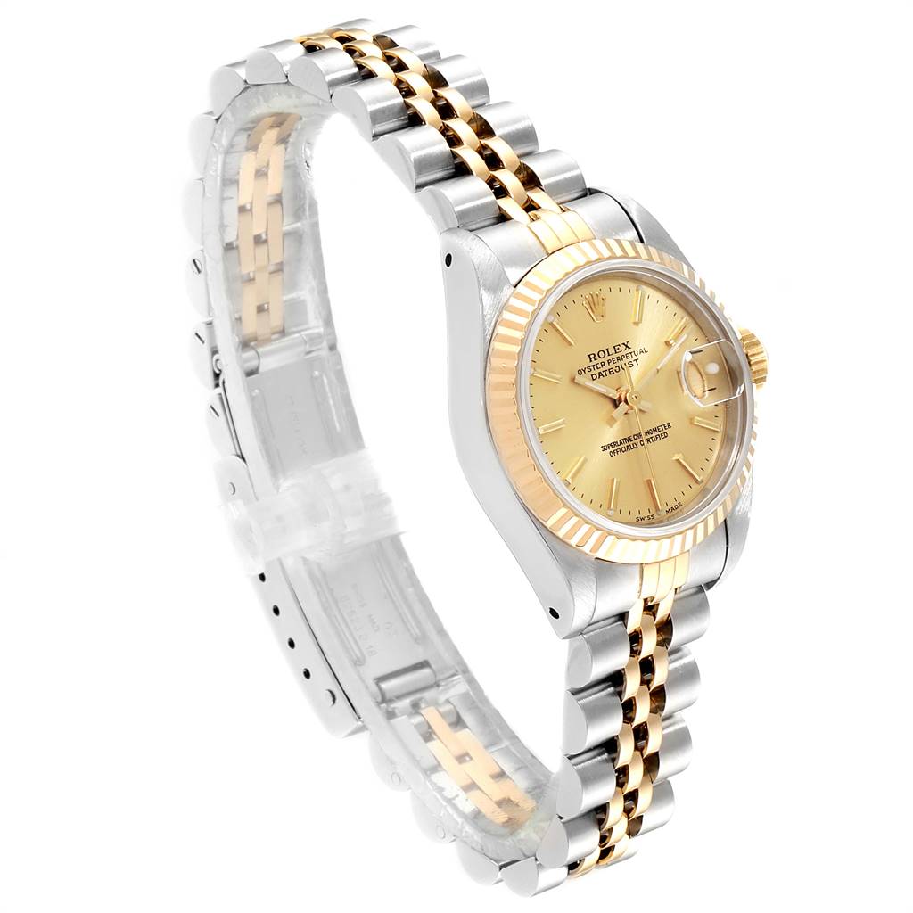 This image shows a Rolex Datejust 69173 Women's Stainless Steel Champagne Dial 69173 Women's Stainless Steel Champagne Dial watch at a three-quarter angle, featuring its bezel, dial, and bracelet.