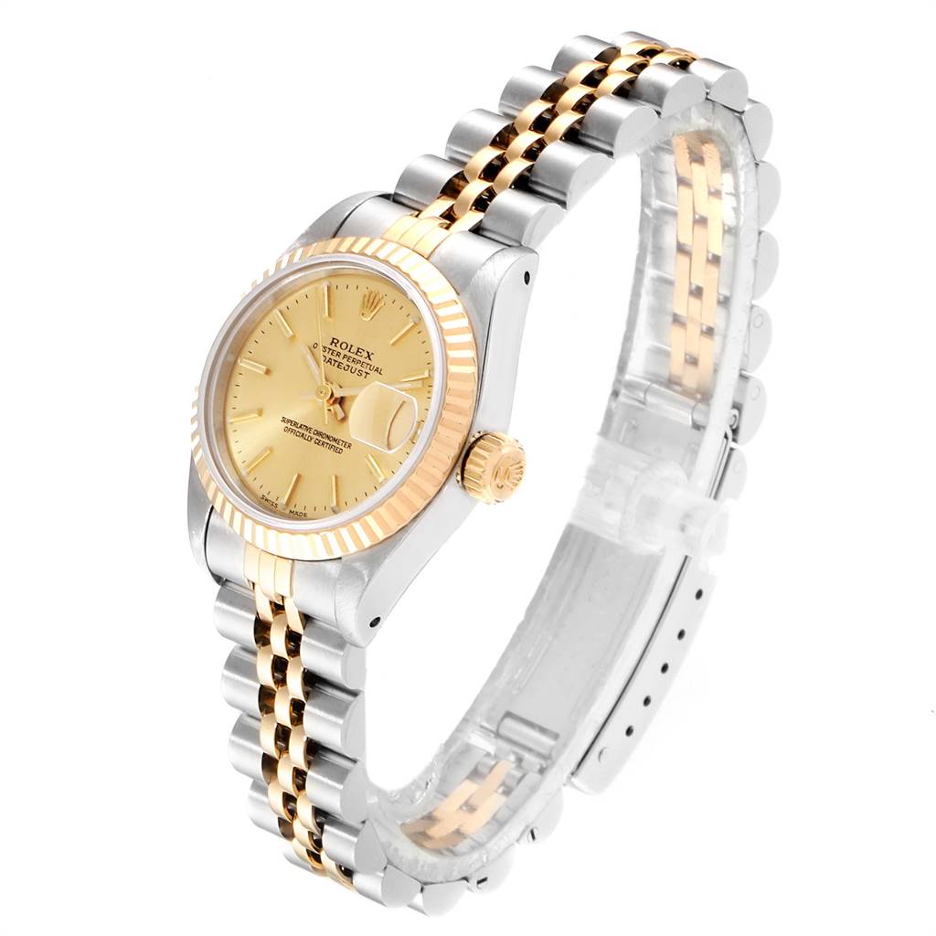 The image shows a Rolex Datejust 69173 Women's Stainless Steel Champagne Dial 69173 Women's Stainless Steel Champagne Dial watch angled slightly from above, highlighting the face, bezel, crown, and two-tone Jubilee bracelet.