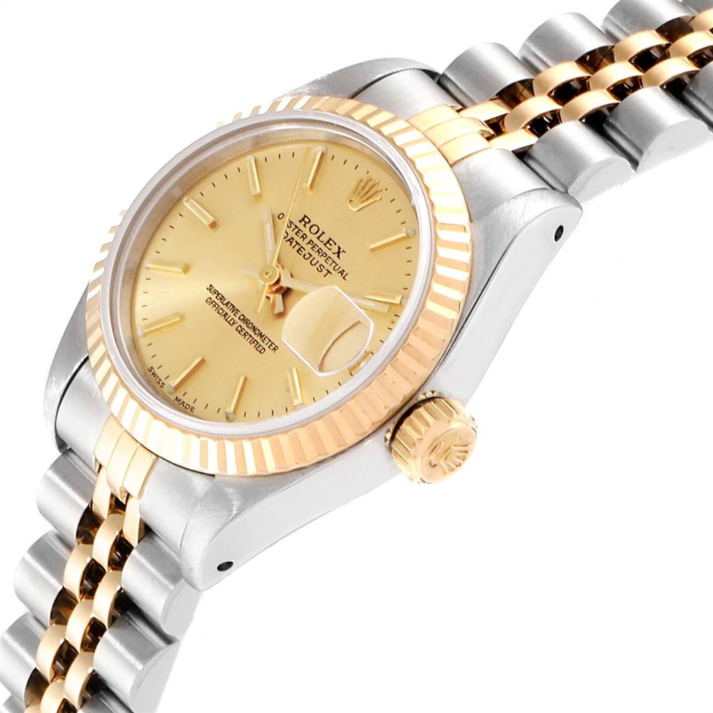 The image shows a Rolex Datejust 69173 Women's Stainless Steel Champagne Dial 69173 Women's Stainless Steel Champagne Dial watch at an oblique angle highlighting the crown, dial, and bracelet.