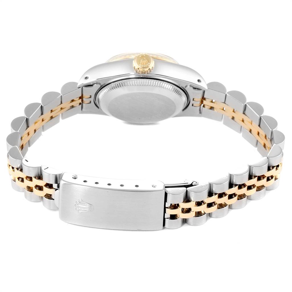The image shows the back and clasp of a Rolex Datejust 69173 Women's Stainless Steel Champagne Dial 69173 Women's Stainless Steel Champagne Dial watch, highlighting its two-tone bracelet and caseback.