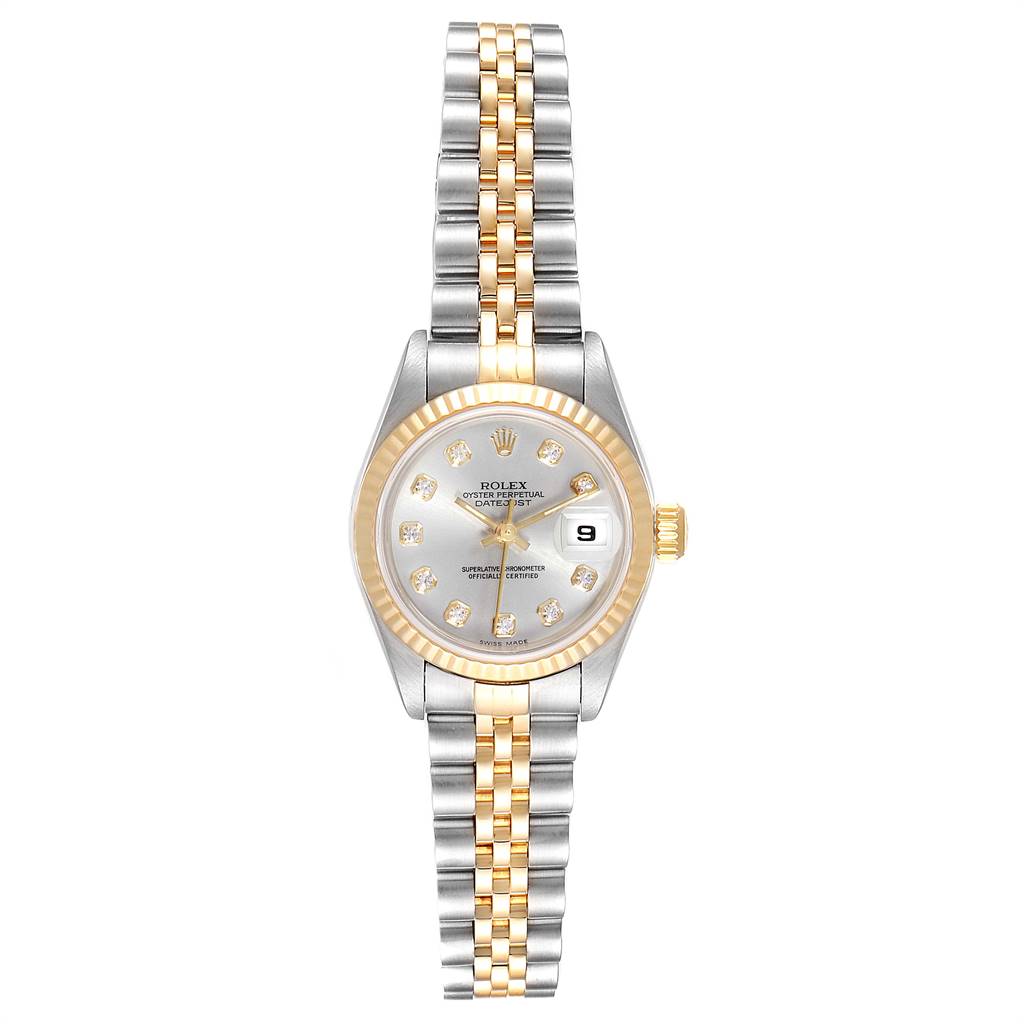 This image shows a frontal view of the Rolex Datejust 69173 Women's Stainless Steel Silver Dial 69173 Women's Stainless Steel Silver Dial watch, featuring a two-tone bracelet, fluted bezel, and date window.