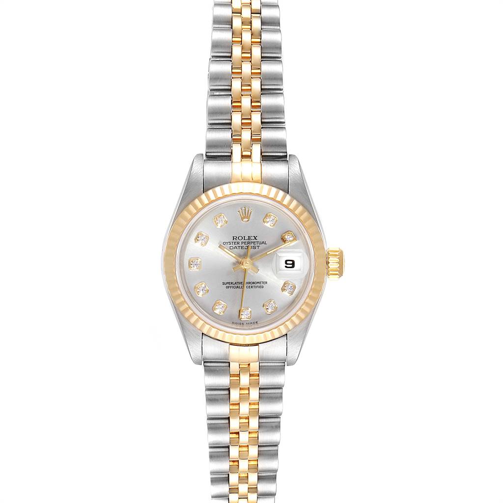 The image shows a Rolex Datejust 69173 Women's Stainless Steel Silver Dial 69173 Women's Stainless Steel Silver Dial watch with a two-tone metal bracelet, a silver dial, a fluted gold bezel, and a date display.