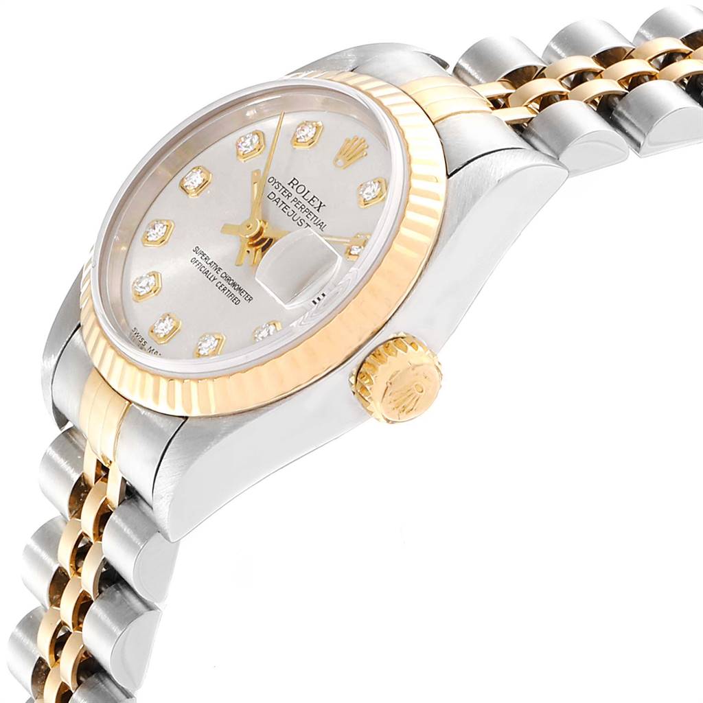 The Rolex Datejust 69173 Women's Stainless Steel Silver Dial 69173 Women's Stainless Steel Silver Dial watch is shown at an angle, highlighting the bezel, crown, dial, and two-tone bracelet.