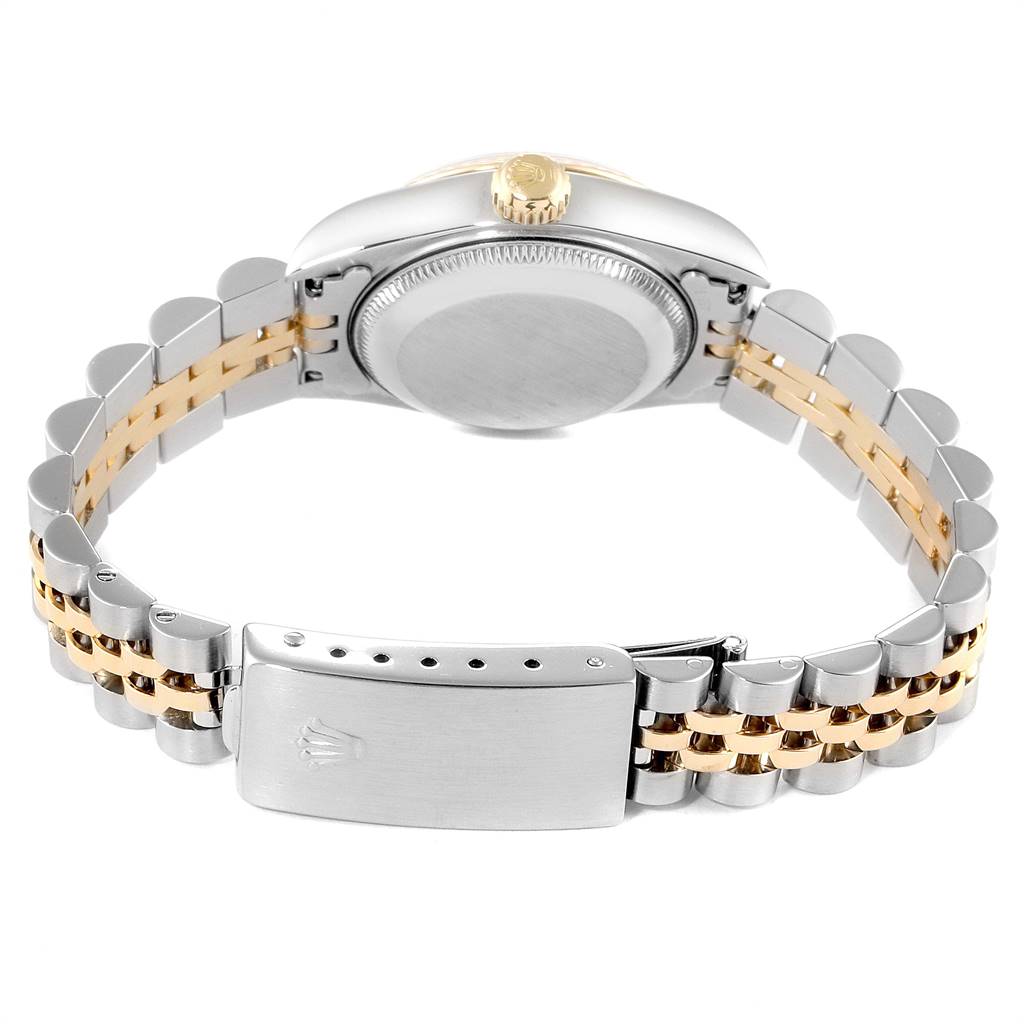 The image shows the back and bracelet of a Rolex Datejust 69173 Women's Stainless Steel Silver Dial 69173 Women's Stainless Steel Silver Dial watch, highlighting its clasp and the bi-metal design.