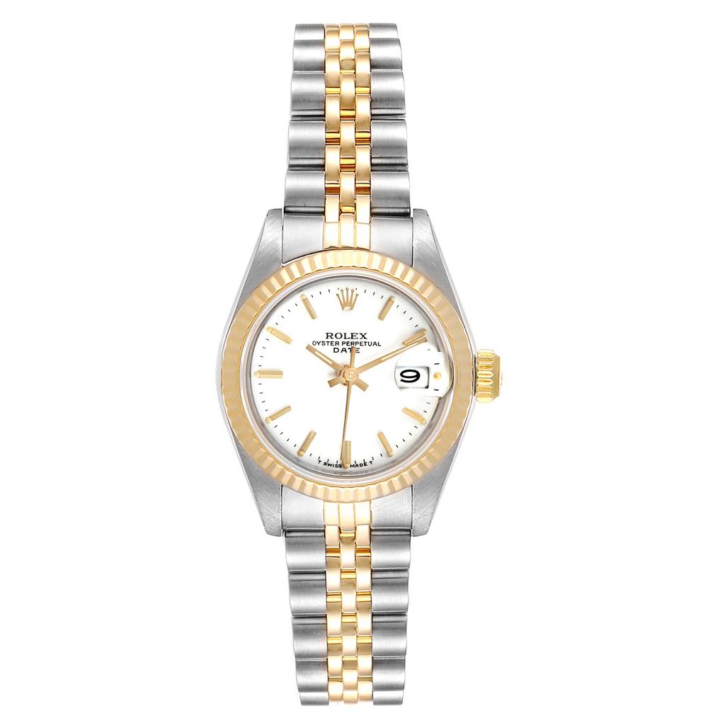 The Rolex Datejust 69173 Women's Stainless Steel White Dial 69173 Women's Stainless Steel White Dial watch is shown from a top-down angle, displaying its white dial, fluted bezel, and two-tone bracelet.