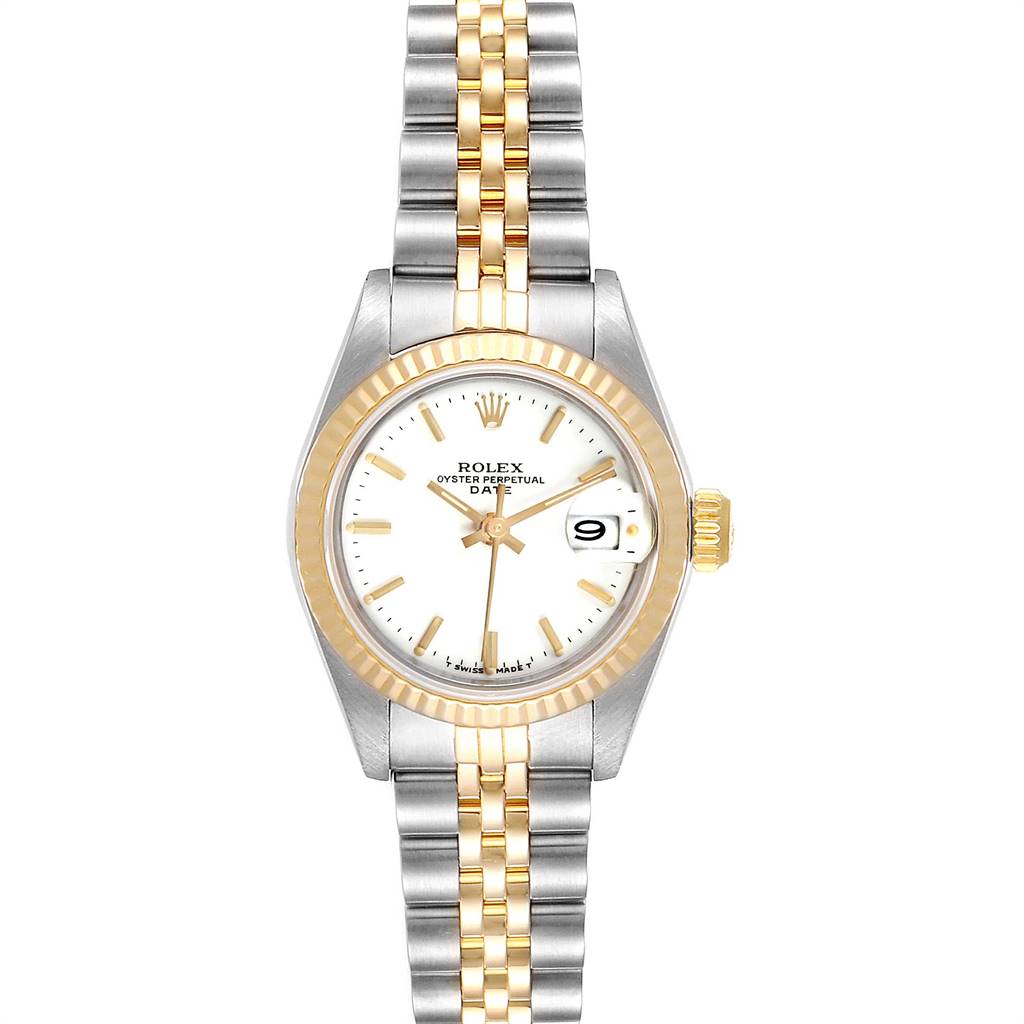 This image shows a front view of a Rolex Datejust 69173 Women's Stainless Steel White Dial 69173 Women's Stainless Steel White Dial watch, displaying its dial, bracelet, and crown.