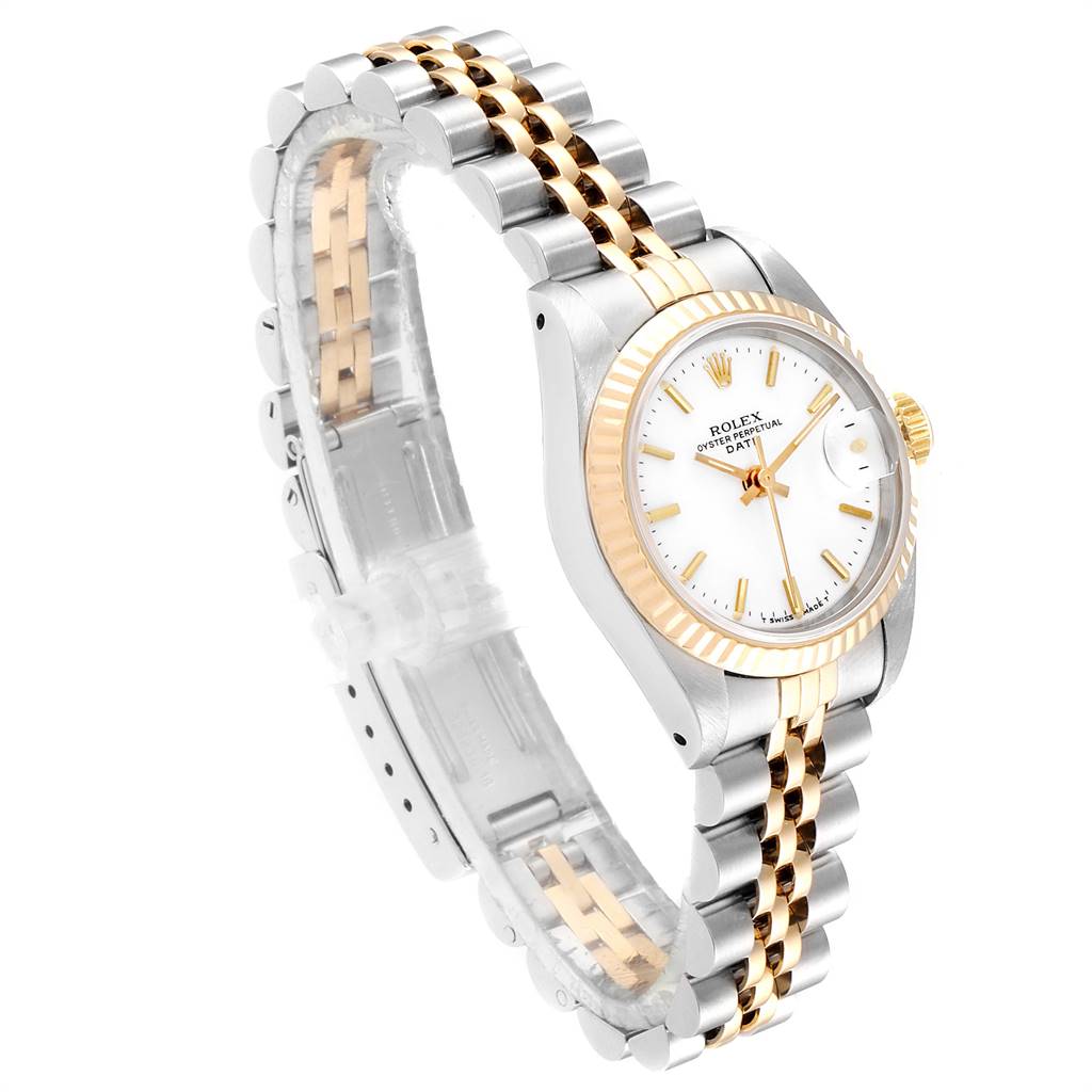 This image shows a Rolex Datejust 69173 Women's Stainless Steel White Dial 69173 Women's Stainless Steel White Dial watch from an angled side view, highlighting its two-tone bracelet, white dial, and fluted bezel.