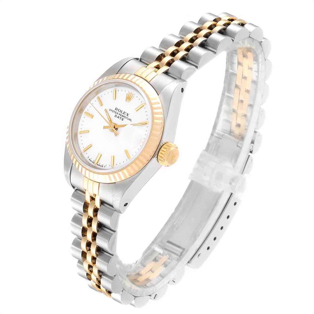 This image shows a Rolex Datejust 69173 Women's Stainless Steel White Dial 69173 Women's Stainless Steel White Dial watch from an angled side view, highlighting its two-tone bracelet and fluted bezel.