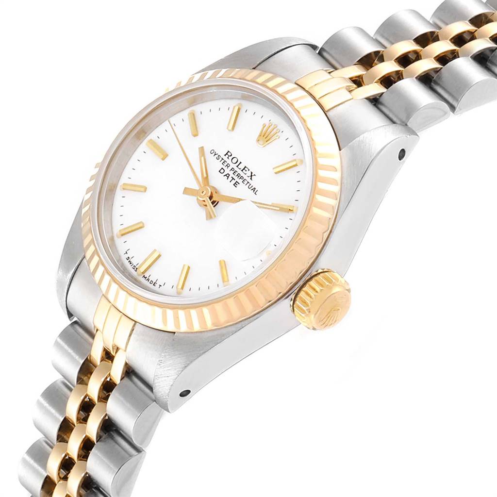 The image shows a Rolex Datejust 69173 Women's Stainless Steel White Dial 69173 Women's Stainless Steel White Dial watch from a side angle, highlighting the crown, dial, bezel, and part of the bracelet.