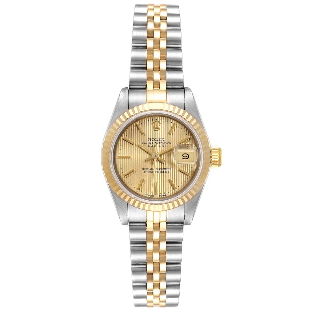 The image shows a Rolex Datejust 69173 Women's Stainless Steel Champagne Dial 69173 Women's Stainless Steel Champagne Dial watch from a top-down angle, highlighting its dial, bezel, and two-tone bracelet.