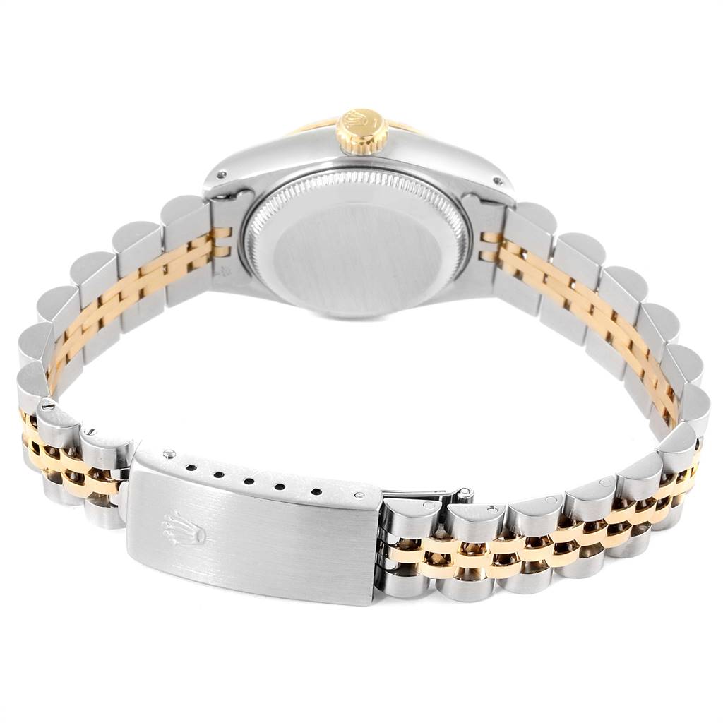 The image shows the back of a Rolex Datejust 69173 Women's Stainless Steel Champagne Dial 69173 Women's Stainless Steel Champagne Dial watch, featuring the clasp, bracelet, case back, and crown.