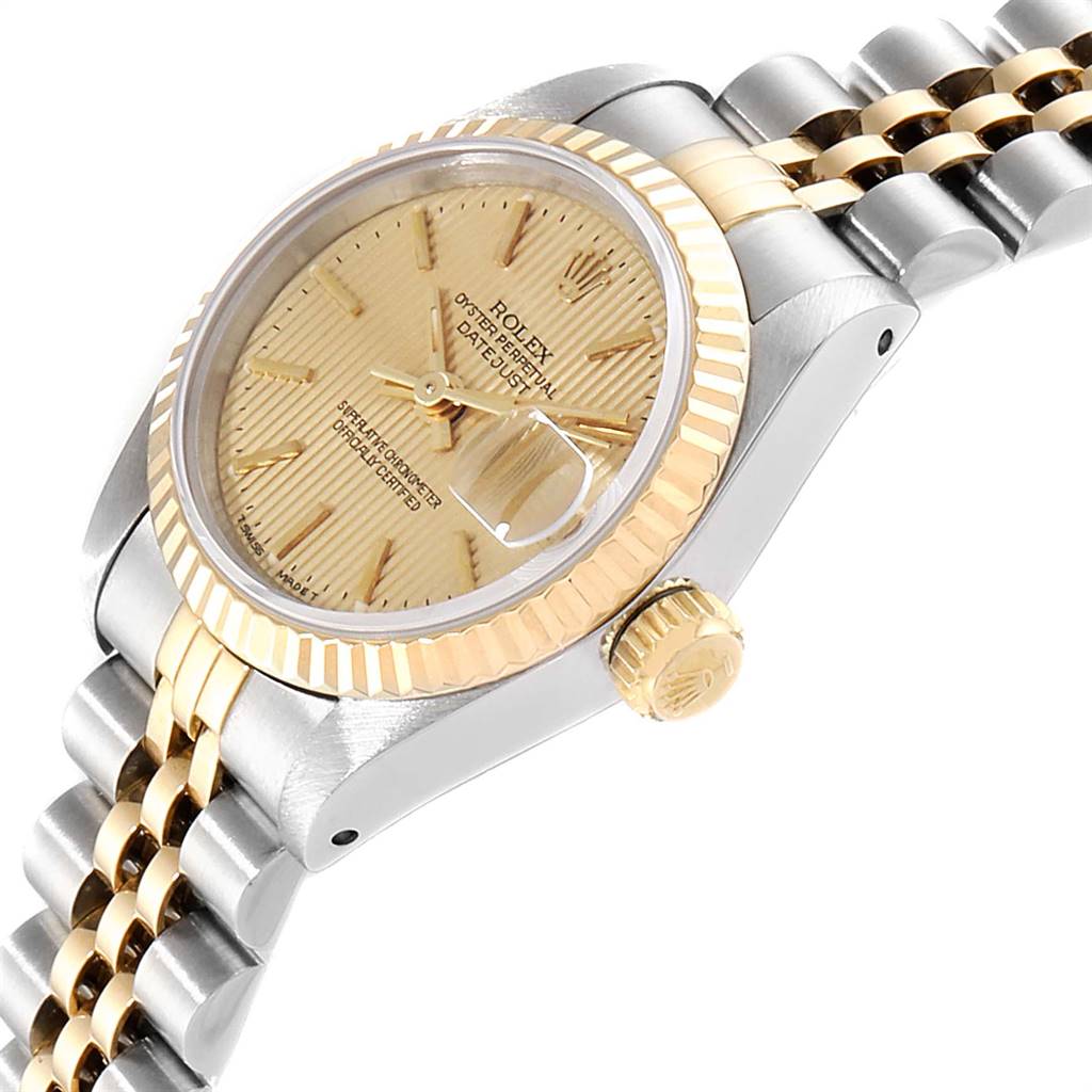 This image shows a side angle of a Rolex Datejust 69173 Women's Stainless Steel Champagne Dial 69173 Women's Stainless Steel Champagne Dial watch, highlighting the dial, crown, and bracelet.