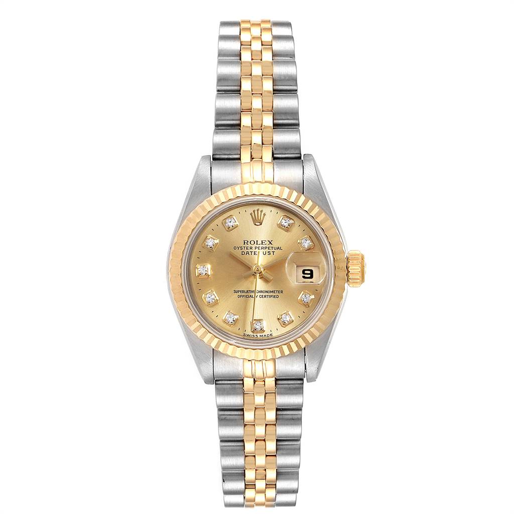 The Rolex Datejust 69173 Women's Stainless Steel Champagne Dial 69173 Women's Stainless Steel Champagne Dial watch is shown in a front angle view, displaying the dial, bezel, and bracelet.