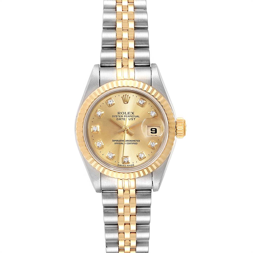 The image shows a front view of the Rolex Datejust 69173 Women's Stainless Steel Champagne Dial 69173 Women's Stainless Steel Champagne Dial watch, highlighting its gold bezel, dial, and two-tone metal bracelet.