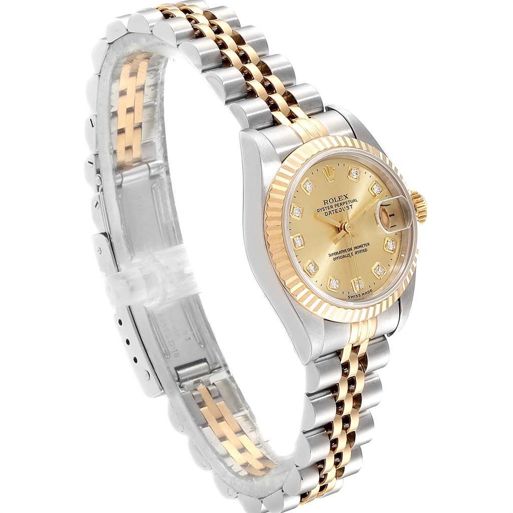 This image shows a side view of the Rolex Datejust 69173 Women's Stainless Steel Champagne Dial 69173 Women's Stainless Steel Champagne Dial watch, highlighting its two-tone bracelet and gold dial with diamond hour markers.