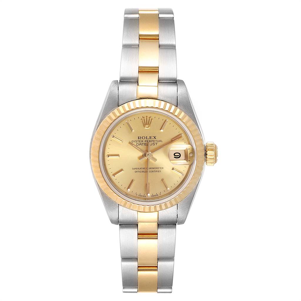 The image shows a frontal view of the Rolex Datejust 69173 Women's Steel and Gold (two tone) Champagne Dial 69173 Women's Steel and Gold (two tone) Champagne Dial watch, highlighting its two-tone bracelet and gold dial with a date window.