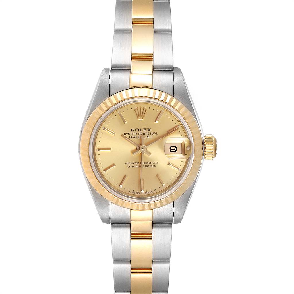 This Rolex Datejust 69173 Women's Steel and Gold (two tone) Champagne Dial 69173 Women's Steel and Gold (two tone) Champagne Dial model is shown from a front angle, highlighting its gold and silver bracelet, fluted bezel, and champagne dial.